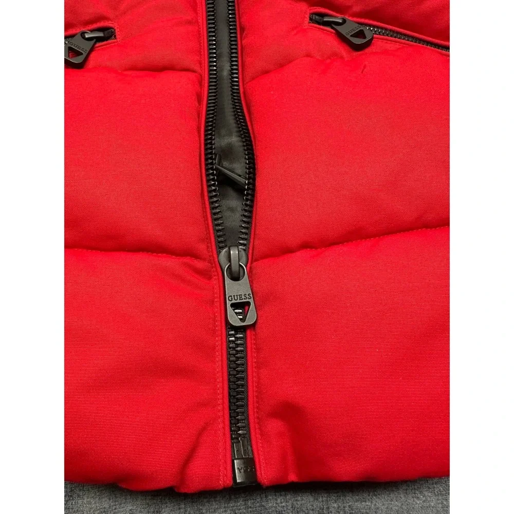 Guess Womens Red Quilted Puffer Jacket Faux Fur Hood Small 22LMP804